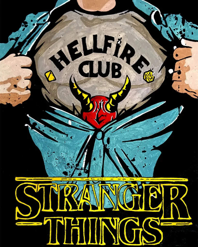 Cuadro inspirado en Stranger Things con camiseta Hellfire Club y libro abierto, ilustración friki pintada a mano sobre fondo oscuro.