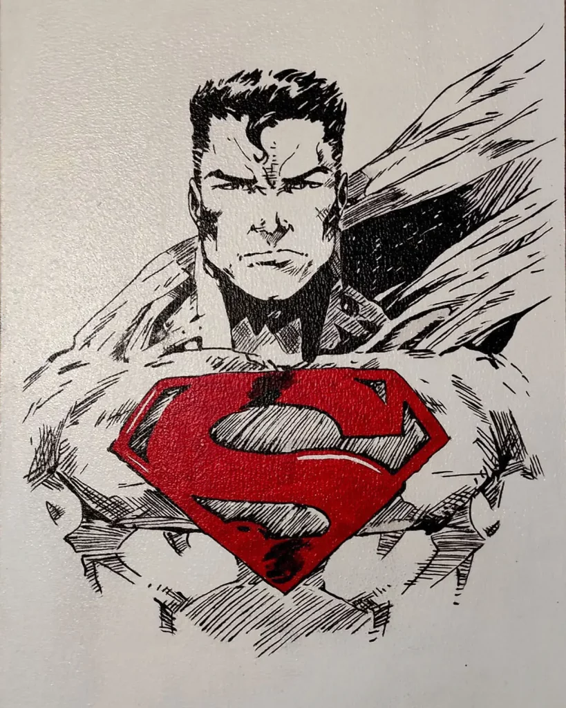 Cuadro decorativo de Superman con logo rojo clásico estilo cómic en blanco y negro con detalle en rojo