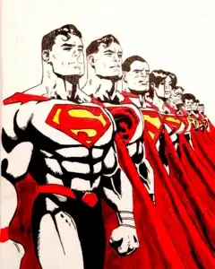 Cuadro inspirado en Superman con varias versiones del personaje alineadas, estilo cómic clásico en blanco, negro y rojo con estética gráfica potente.