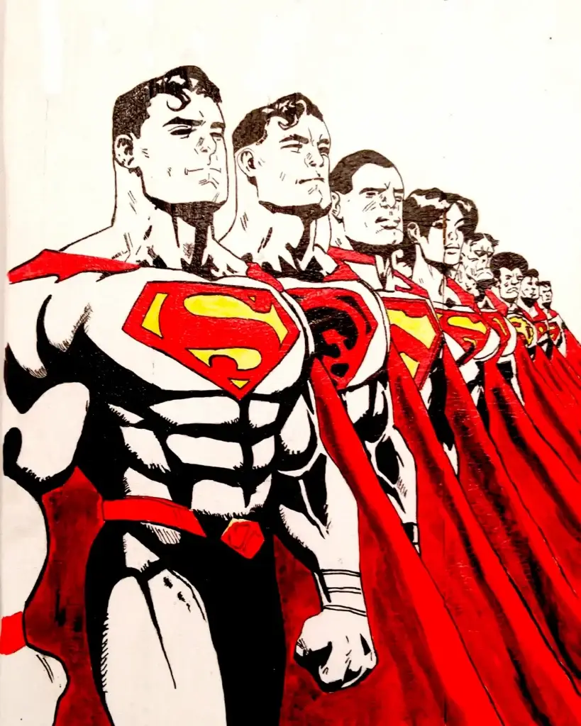 Cuadro inspirado en Superman con varias versiones del personaje alineadas, estilo cómic clásico en blanco, negro y rojo con estética gráfica potente.