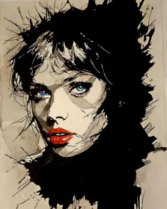Taylor Swift en retrato expresionista con tinta negra y acentos rojos, obra artística de Irreverentes