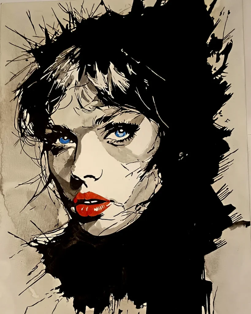 Taylor Swift en retrato expresionista con tinta negra y acentos rojos, obra artística de Irreverentes