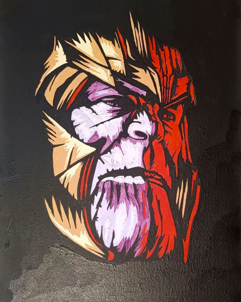 Cuadro inspirado en Thanos de Marvel con retrato en estilo pop art, colores contrastados sobre fondo negro y estética gráfica artesanal.