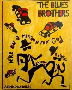 Cuadro decorativo inspirado en The Blues Brothers con coches de policía y frase Mission from God estilo cartel amarillo