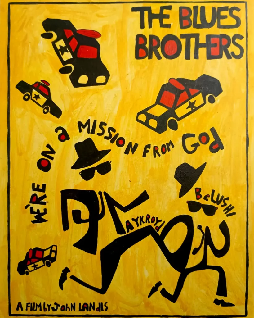 Cuadro decorativo inspirado en The Blues Brothers con coches de policía y frase Mission from God estilo cartel amarillo