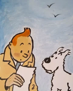 Tintín y Milú en ilustración estilo ligne claire de Hergé, obra artística de Irreverentes