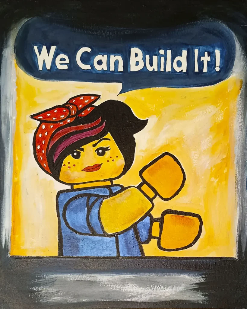 Cuadro inspirado en el cartel “We Can Do It” reinterpretado en versión LEGO, con estética pop art y mensaje reivindicativo pintado a mano.