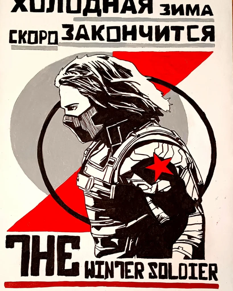 Winter Soldier Bucky Barnes en ilustración estilo cómic rojo y negro, obra de Irreverentes