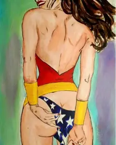 Cuadro inspirado en Wonder Woman visto de espaldas, ilustración en acrílico con colores rojo, azul y dorado sobre fondo suave degradado.