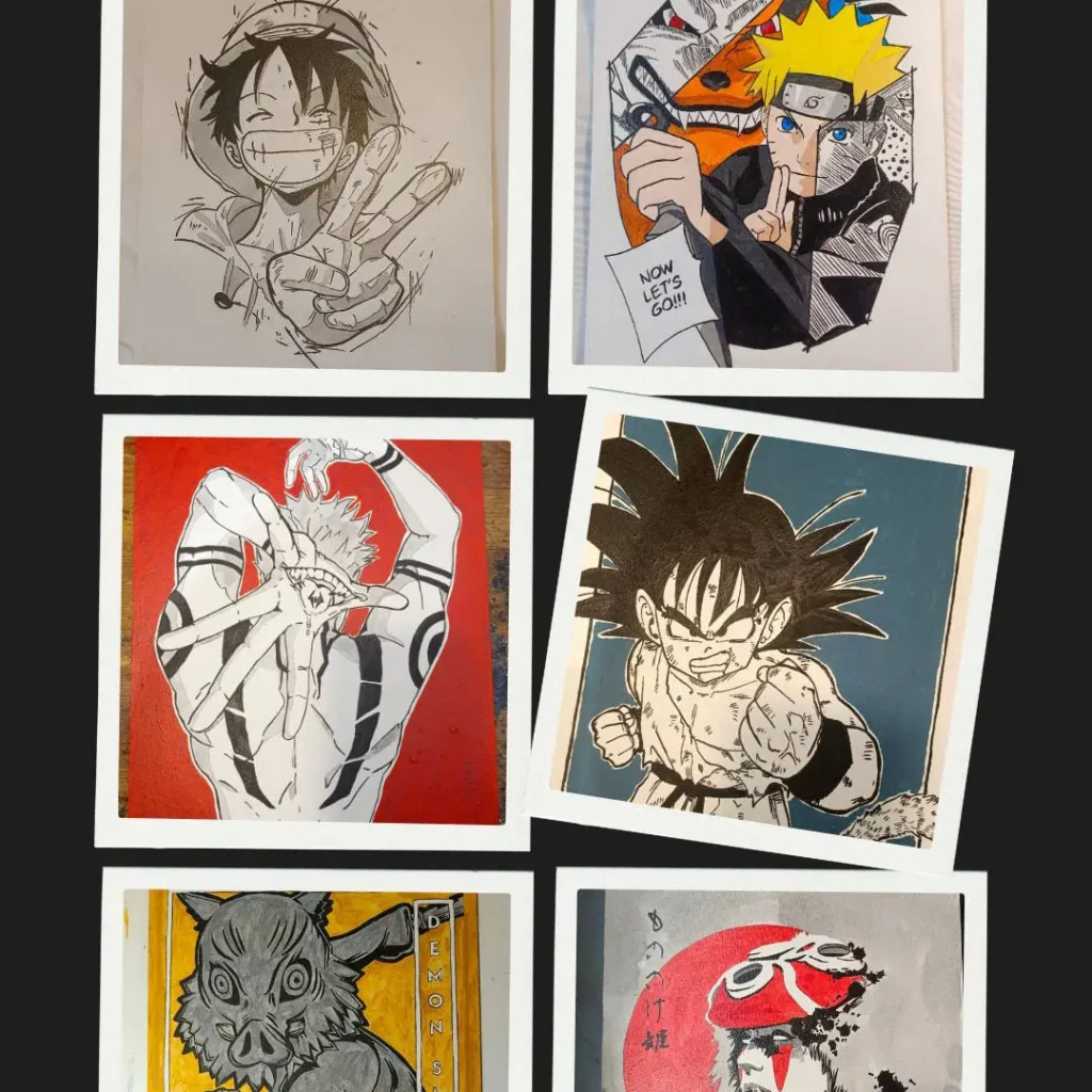 Collage de cuadros de anime y manga pintados a mano con personajes icónicos en estilo ilustración y tinta sobre fondo negro