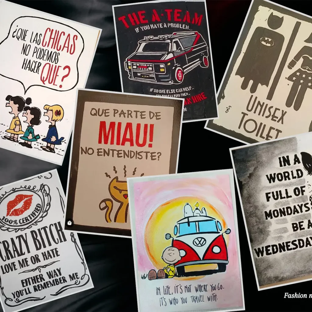 Colección de cuadros con frases humorísticas y referencias frikis a series, cómic y cultura pop, ilustrados a mano con estilo gráfico y desenfadado.