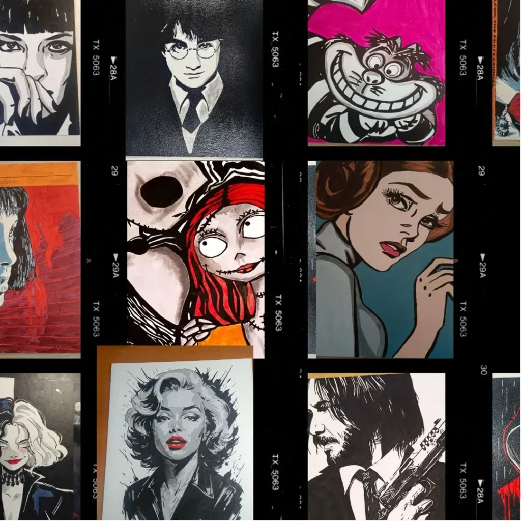 Colección de cuadros pintados a mano inspirados en personajes icónicos del cine y la cultura pop, con estilo ilustrativo y alto contraste.