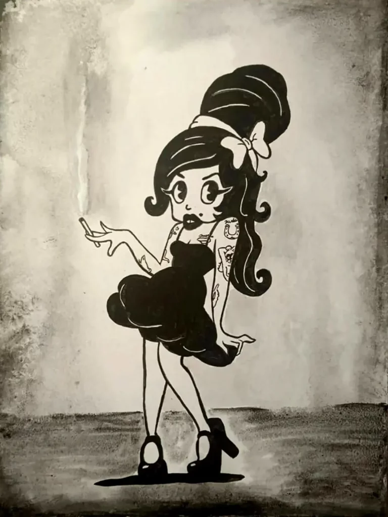 Ilustración de Amy Winehouse en estilo cartoon vintage en blanco y negro, con peinado alto característico y vestido negro.