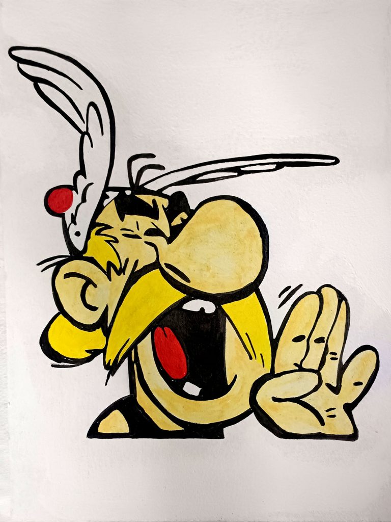 Ilustración de Astérix riendo con expresión exagerada y mano levantada en gesto cómico