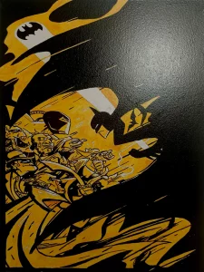 Ilustración de Batman en estilo cómic noir con alto contraste en negro y amarillo.
