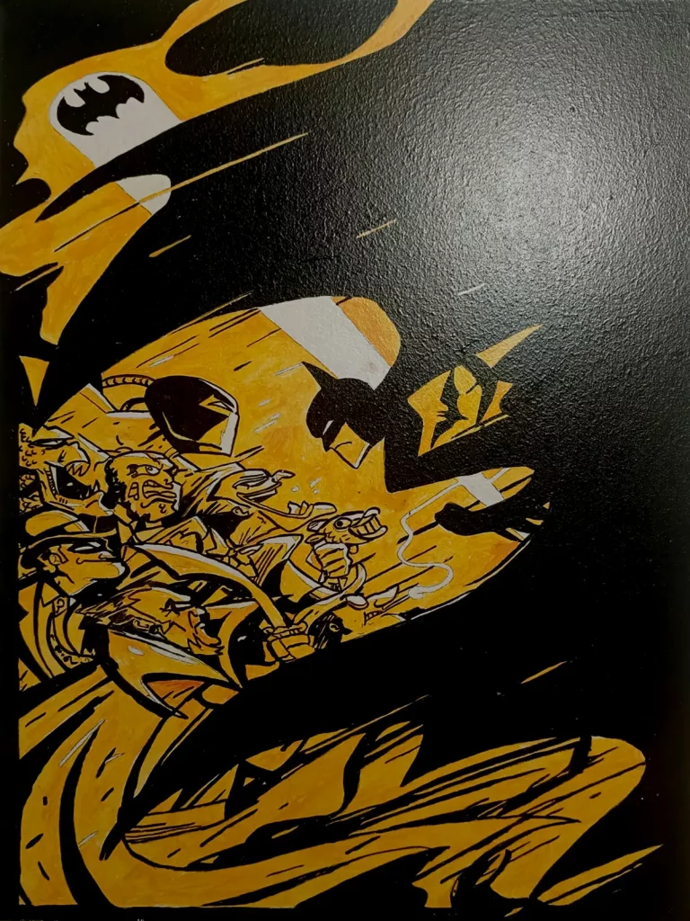 Ilustración de Batman en estilo cómic noir con alto contraste en negro y amarillo.