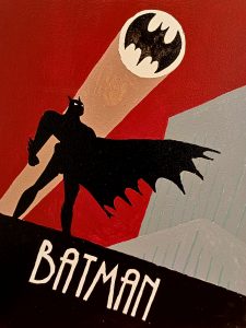 Silueta de Batman con la batseñal en el cielo en estilo gráfico con fondo rojo