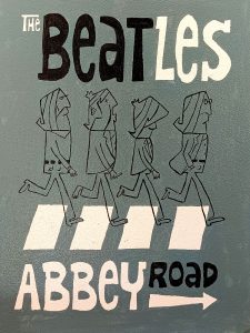 Ilustración de los Beatles cruzando Abbey Road en estilo cartoon minimalista