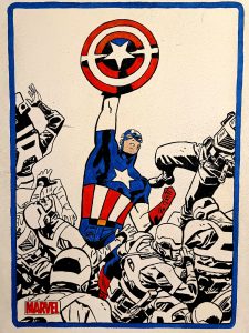 Ilustración de Capitán América levantando el escudo rodeado de enemigos en estilo cómic clásico