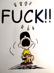 Ilustración de Charlie Brown gritando con la palabra Fuck en grande sobre su cabeza