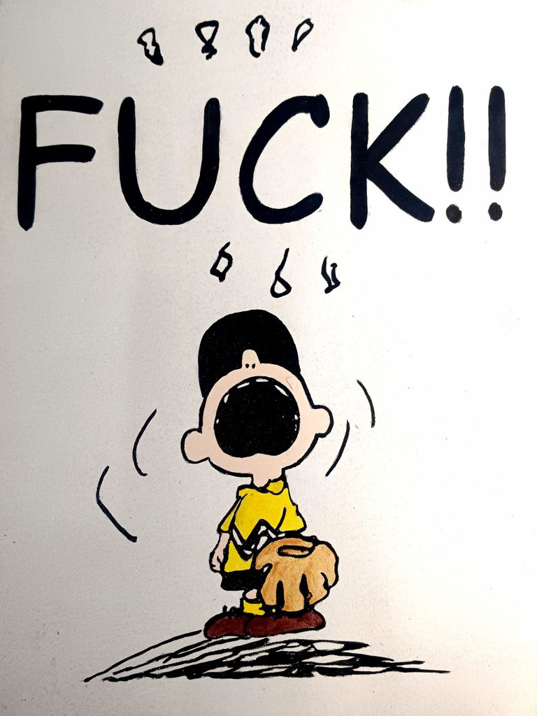 Ilustración de Charlie Brown gritando con la palabra Fuck en grande sobre su cabeza