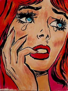 Retrato pop art de chica llorando con lágrimas y labios rojos inspirado en el cómic vintage.