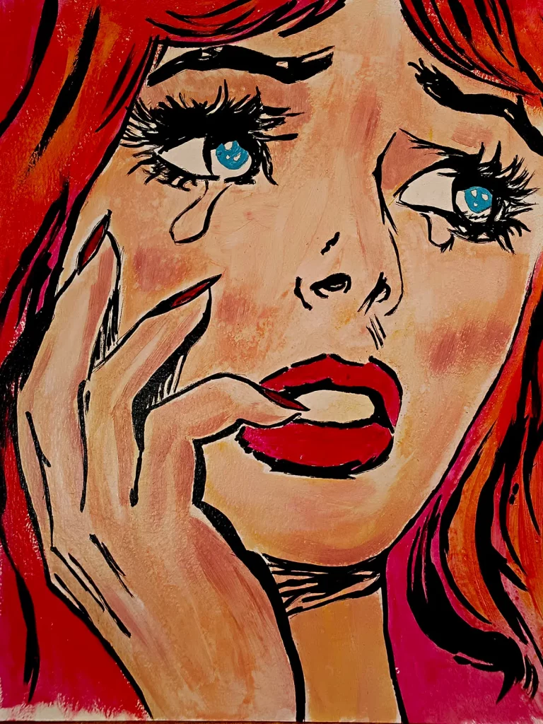 Retrato pop art de chica llorando con lágrimas y labios rojos inspirado en el cómic vintage.