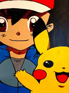 Cuadro pintado a mano de Ash Ketchum junto a Pikachu inspirado en Pokémon