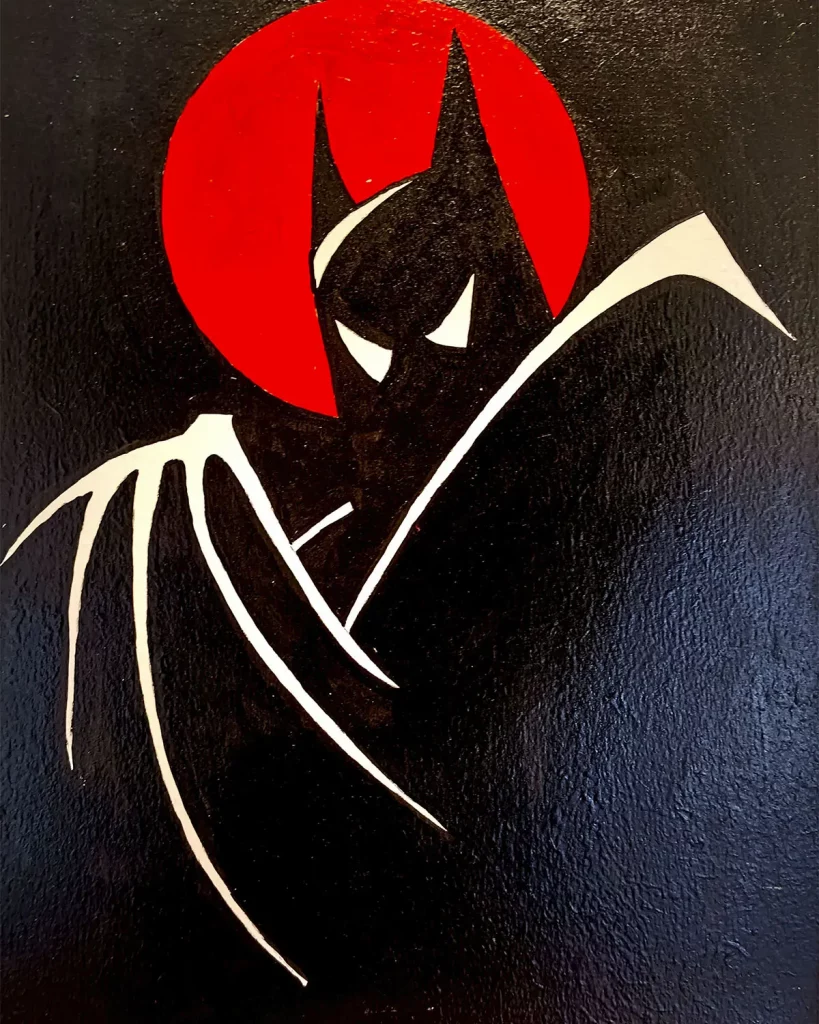 Pintura acrílica de Batman en estilo noir sobre tabla de DM, silueta negra con ojos blancos y luna roja de fondo.