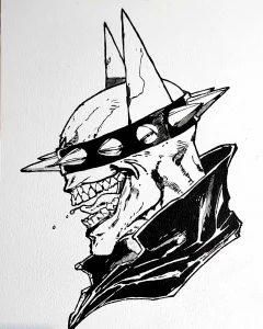 Ilustración en blanco y negro de Batman Who Laughs, con su característica máscara con pinchos y sonrisa aterradora, pintada a mano sobre tabla de DM.