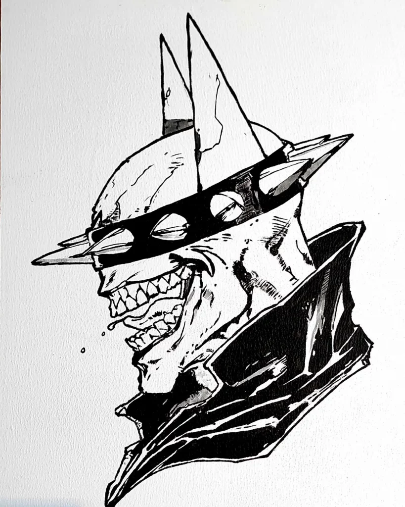 Ilustración en blanco y negro de Batman Who Laughs, con su característica máscara con pinchos y sonrisa aterradora, pintada a mano sobre tabla de DM.