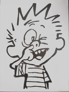 Ilustración minimalista de Calvín hurgándose la nariz en estilo cómic.