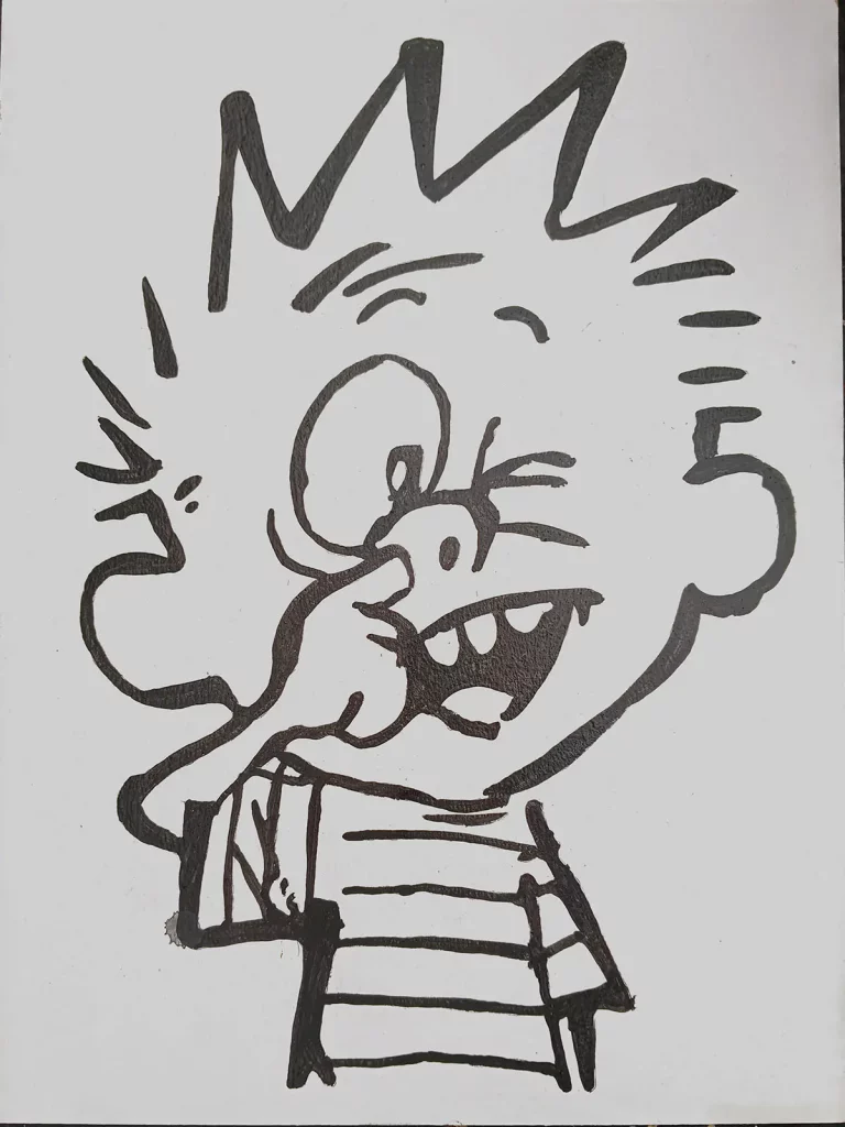 Ilustración minimalista de Calvín hurgándose la nariz en estilo cómic.