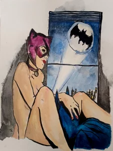 Cuadro pintado a mano de Catwoman sentada junto a una ventana con la silueta de Batman entre sus piernas y la Batseñal en el cielo