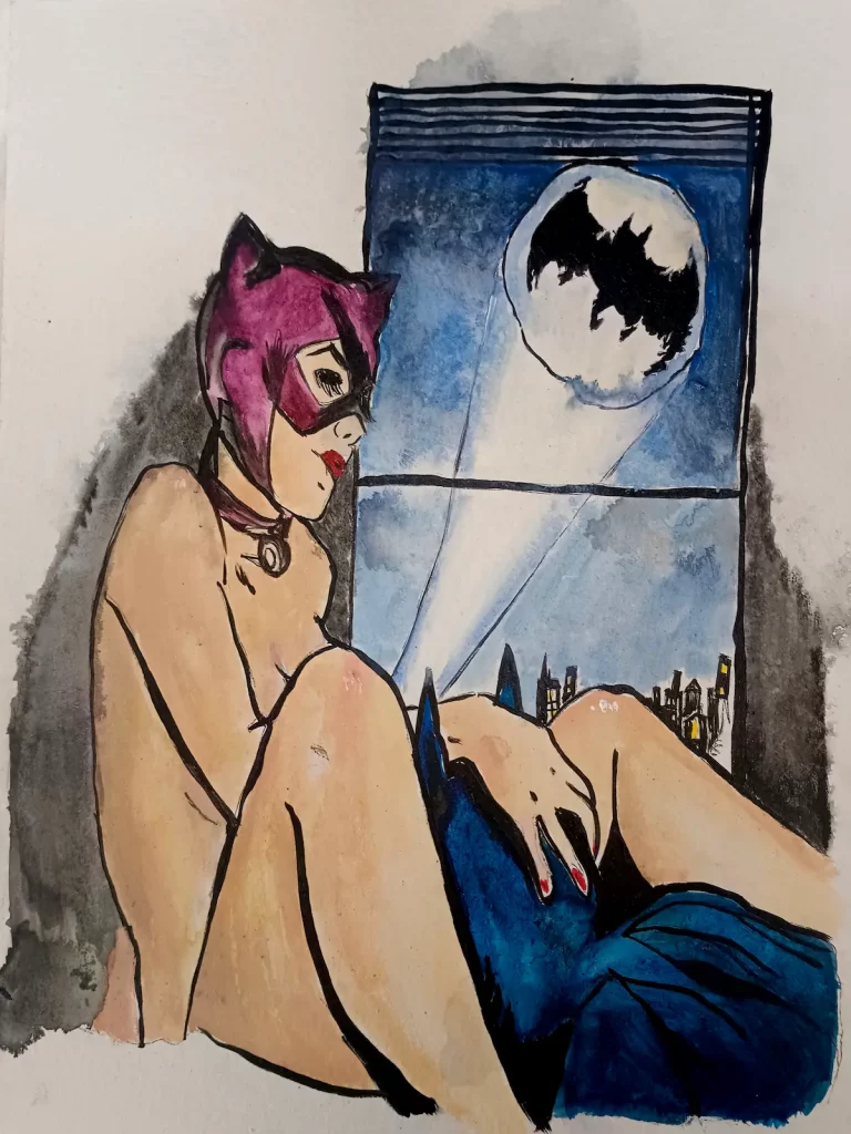 Cuadro pintado a mano de Catwoman sentada junto a una ventana con la silueta de Batman entre sus piernas y la Batseñal en el cielo