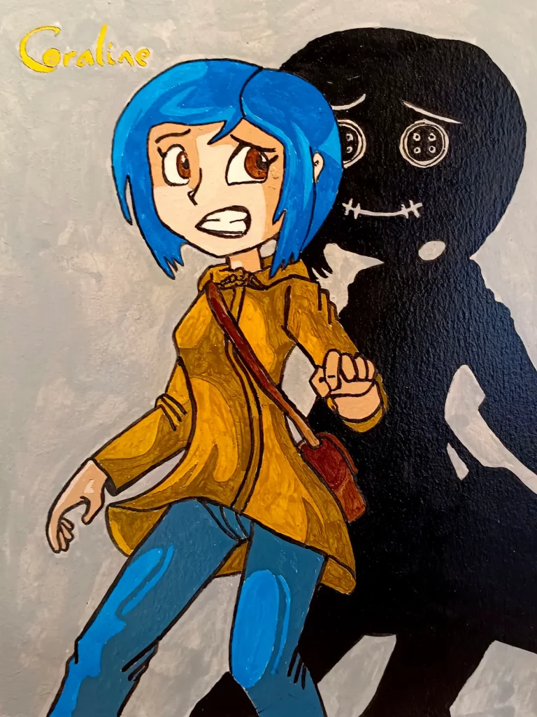 Cuadro pintado a mano de Coraline con su impermeable amarillo y la sombra oscura con ojos de botones detrás