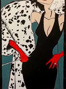 Cuadro pintado a mano de Cruella de Vil con abrigo de dálmata y vestido negro estilo ilustración pop