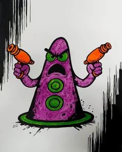 Pintura acrílica del Tentáculo de Maniac Mansion 2 empuñando dos pistolas de rayos naranjas, en morado y verde sobre fondo blanco con manchas negras, pintada a mano sobre tabla de DM.