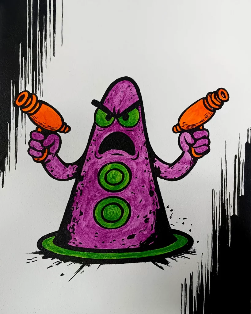 Pintura acrílica del Tentáculo de Maniac Mansion 2 empuñando dos pistolas de rayos naranjas, en morado y verde sobre fondo blanco con manchas negras, pintada a mano sobre tabla de DM.