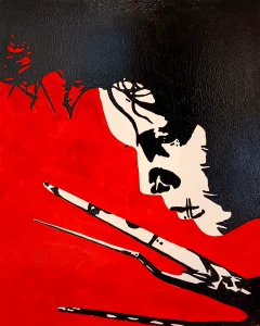 Pintura acrílica de Eduardo Manostijeras con sus cuchillas extendidas en blanco y negro sobre fondo rojo intenso, pintada a mano sobre tabla de DM.