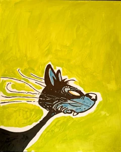 Pintura acrílica de un gato en movimiento en negro y azul con bigotes al viento sobre fondo verde lima, pintada a mano sobre tabla de DM.