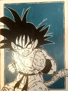 Cuadro pintado a mano de Goku en pose de combate inspirado en Dragon Ball