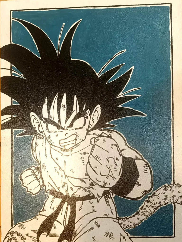 Cuadro pintado a mano de Goku en pose de combate inspirado en Dragon Ball
