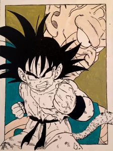 Cuadro pintado a mano de Goku en pose de combate inspirado en Dragon Ball