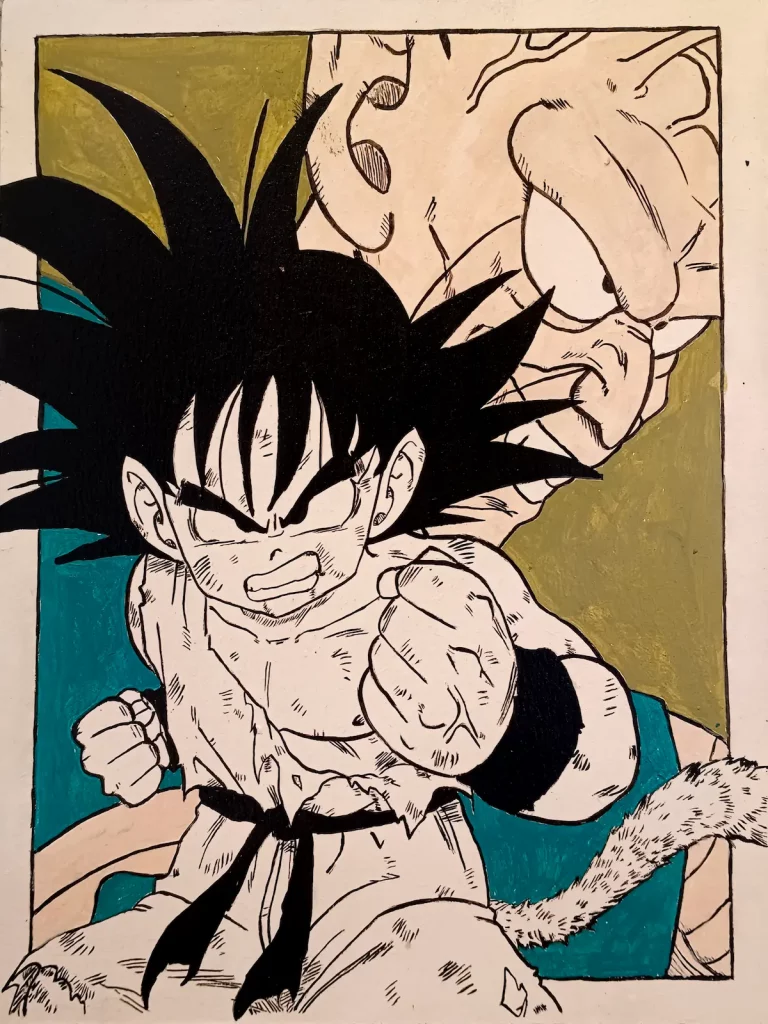 Cuadro pintado a mano de Goku en pose de combate inspirado en Dragon Ball
