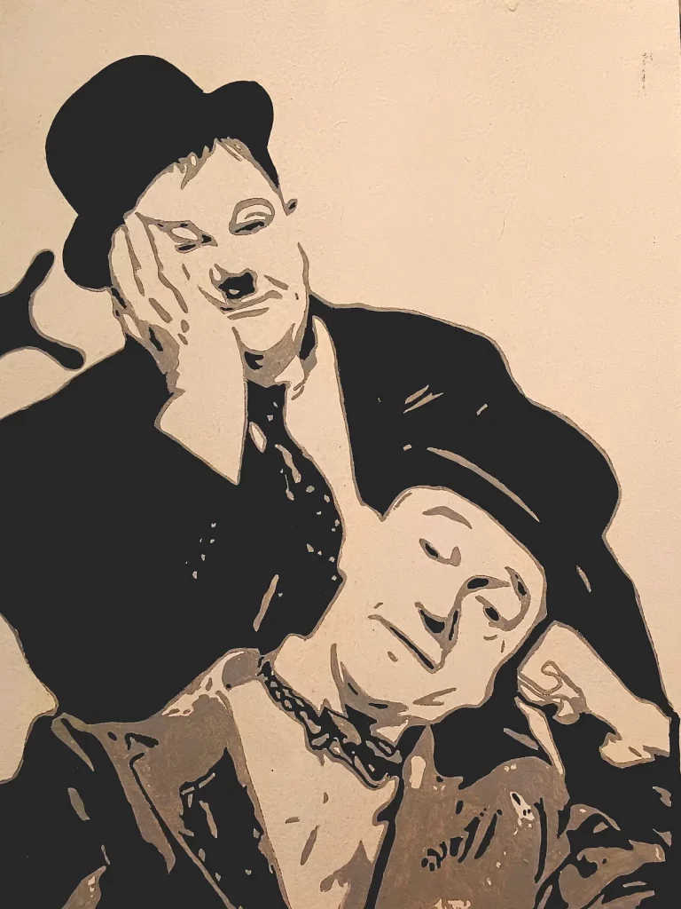Cuadro pintado a mano de El Gordo y el Flaco (Laurel y Hardy) en estilo stencil blanco y negro
