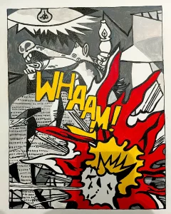 Pintura acrílica que fusiona el Guernica de Picasso con el estilo pop art de Lichtenstein, con explosión "WHAAM!" en rojo y amarillo sobre composición en grises, pintada a mano sobre tabla de DM.