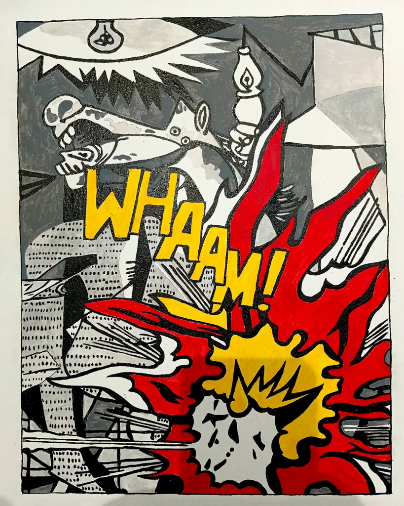 Pintura acrílica que fusiona el Guernica de Picasso con el estilo pop art de Lichtenstein, con explosión "WHAAM!" en rojo y amarillo sobre composición en grises, pintada a mano sobre tabla de DM.
