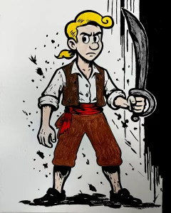 Pintura acrílica de Guybrush Threepwood de Monkey Island con sable y faja roja, pelo rubio recogido, sobre fondo blanco con manchas negras, pintada a mano sobre tabla de DM.