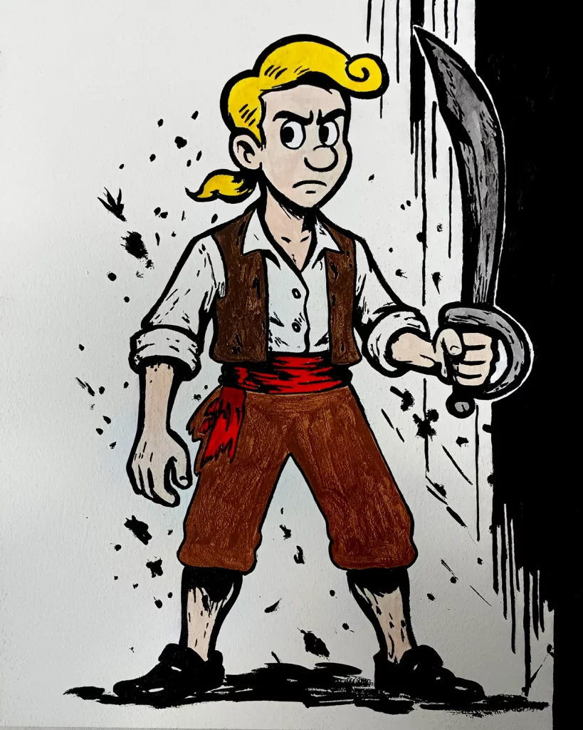 Pintura acrílica de Guybrush Threepwood de Monkey Island con sable y faja roja, pelo rubio recogido, sobre fondo blanco con manchas negras, pintada a mano sobre tabla de DM.